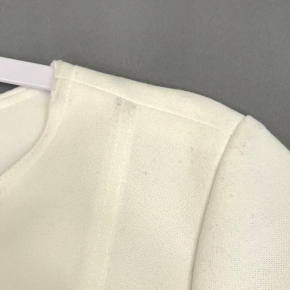 Vince Camuto Dress 8 Ivory Blue Sheath Colorblock V Neck Short Sleeve Scuba FLAW - Picture 11 of 14